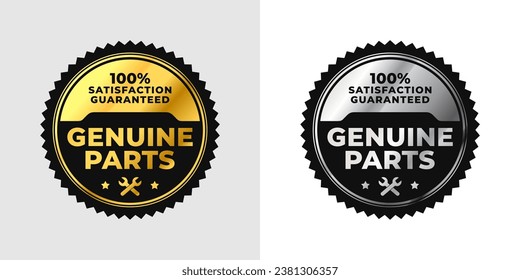 Genuine parts with gold and silver circular frame label. Vector Illustration