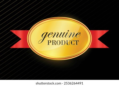 genuine product realistic golden vector design with red ribbon.
