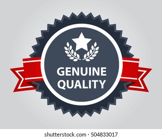 Genuine Quality Award and Label with Red Ribbon. Win Badge flat icon.