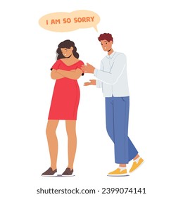 With Genuine Remorse In His Eyes, The Man Humbly Apologized To The Woman, Expressing Regret For Any Hurt Caused, And Sincerely Pledging To Make Amends For His Mistakes. Cartoon Vector Illustration