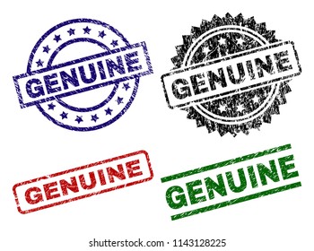 GENUINE seal prints with corroded texture. Black, green,red,blue vector rubber prints of GENUINE text with scratched texture. Rubber seals with circle, rectangle, rosette shapes.