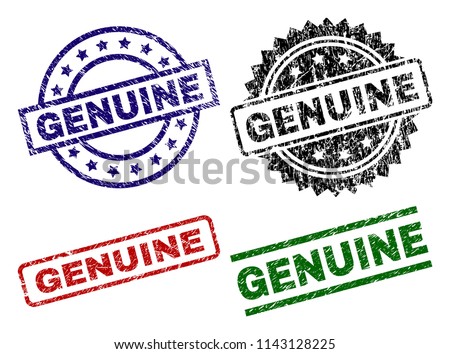 GENUINE seal prints with corroded texture. Black, green,red,blue vector rubber prints of GENUINE text with scratched texture. Rubber seals with circle, rectangle, rosette shapes.