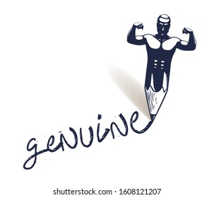 Genuine vector concept with pencil and strong man combined writing a word, author artist writer or designer.