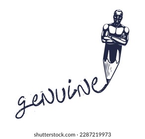 Genuine vector concept with pencil and strong man combined writing a word, author artist writer or designer.