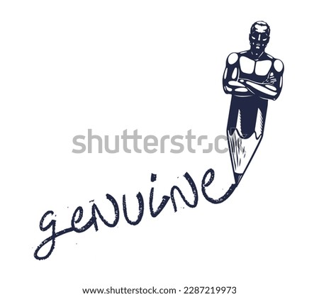 Genuine vector concept with pencil and strong man combined writing a word, author artist writer or designer.