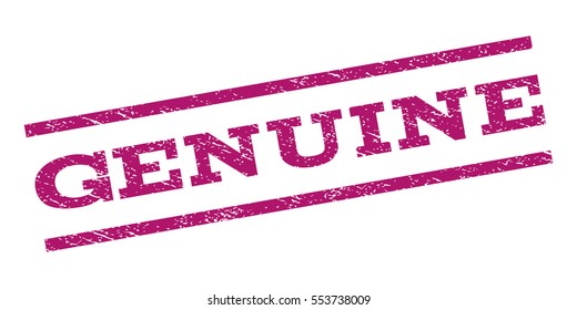 Genuine watermark stamp. Text tag between parallel lines with grunge design style. Rubber seal stamp with scratched texture. Vector purple color ink imprint on a white background.