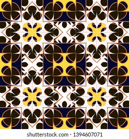 Geo ceramic tile vector. Morrocan geometric pattern, Mosaic arabesque. Orange, blue Geometric boho design. Talavera pattern, Arab kitchen. Majolica ornament.  Retro ethnic repeat.