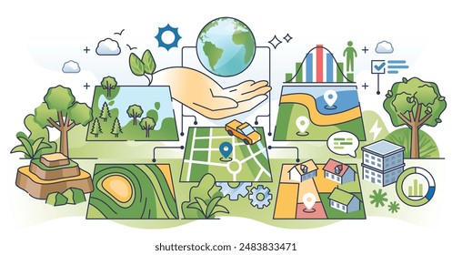 Geo data mapping for area navigation and location outline hands concept. Use GPS to develop maps with terrain, relief and topographic land zones vector illustration. Positioning system for road route