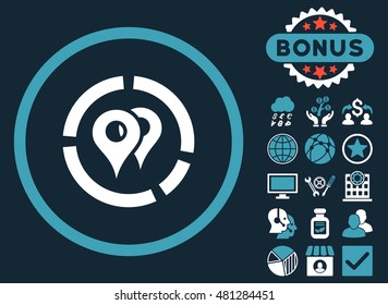 Geo Diagram icon with bonus. Vector illustration style is flat iconic bicolor symbols, blue and white colors, dark blue background.