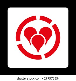 Geo diagram icon. Vector style is red and white colors, flat rounded square button on a black background.