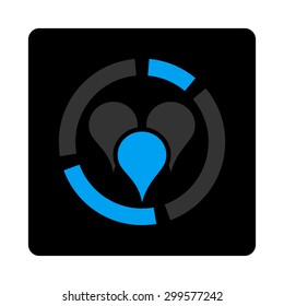 Geo diagram icon. Vector style is bicolor flat symbol, gray and light blue colors, black rounded square button, white background.