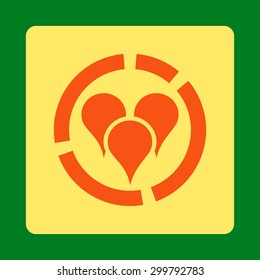 Geo diagram icon. Vector style is orange and yellow colors, flat rounded square button on a green background.