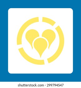 Geo diagram icon. Vector style is yellow and white colors, flat rounded square button on a blue background.