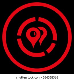 Geo Diagram vector icon. Style is flat circled symbol, red color, rounded angles, black background.