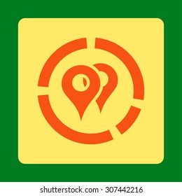 Geo Diagram vector icon. This flat rounded square button uses orange and yellow colors and isolated on a green background.