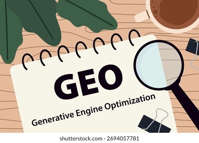 GEO Generative Engine Otimization escrito em um notebook em espiral com uma lupa, simbolizando a busca por IA, inovação e marketing digital - ilustração vetorial
