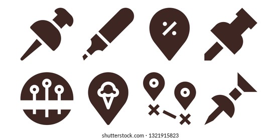 geo icon set. 8 filled geo icons.  Collection Of - Pins, Pin, Marker, Destination
