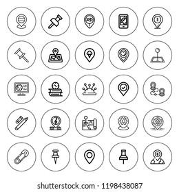 Geo icon set. collection of 25 outline geo icons with destination, geography, geolocalization, location pin, marker, pin icons. editable icons.