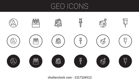 geo icons set. Collection of geo with navigator, markers, street map, pin, geolocalization. Editable and scalable geo icons.
