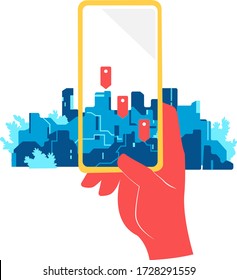 Geo location app. A hand pointing a cellphone to the city background