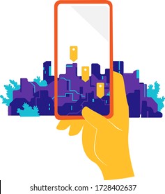 Geo location app. A hand pointing a cellphone with geo pins screen against the city 