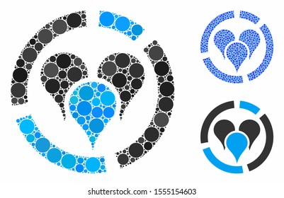 Geo location diagram composition of circle elements in different sizes and color hues, based on geo location diagram icon. Vector circle elements are combined into blue mosaic.