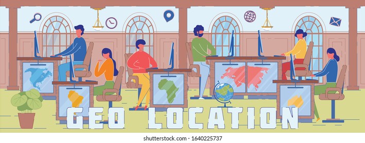 Geo Location and GPS System Word Concept Banner. Navigation Service Experts Cartoon Characters. Global Positioning Service Specialists Monitoring Continents. International Analytics Research