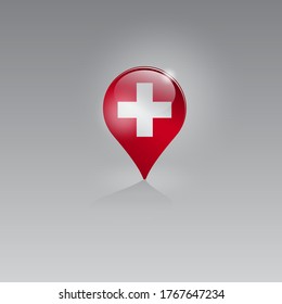 Geo location icon with the national flag of SWITZERLAND. Domestic, local tourism in their own country. Recreation, entertainments, excursions, cruises, walks, routes in a place of residence.