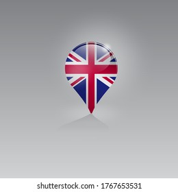 Geo location icon with the national flag of GREAT BRITAIN. Domestic, local tourism in their own country. Recreation, entertainments, excursions, cruises, walks, routes in a place of residence.