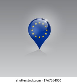Geo location icon with the national flag of EUROPE. Domestic, local tourism in their own country. Recreation, entertainments, excursions, cruises, walks, routes in a place of residence.