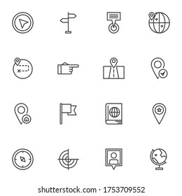 Geo location line icons set, gps navigation outline vector symbol collection, linear style pictogram pack. Signs logo illustration. Set includes icons as signpost, map marker, route distance direction