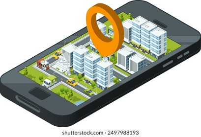 App de mapa de ubicación geográfica en la ilustración isométrica de la pantalla del teléfono inteligente