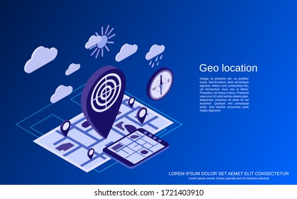 Geo location, navigation flat isometric vector concept illustration