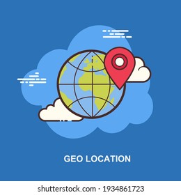 Geo location with red location marker on world map on blue background flat concept design
