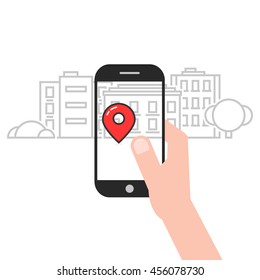 geo location service mobile app. concept of ar, house tag, popular journey, explore, market, catch, tracking, adventure. flat style trend modern logo design vector illustration on white background