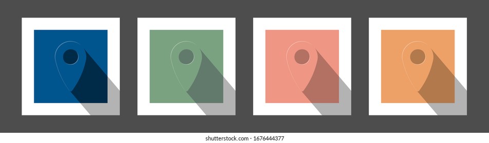 Geo location, geo tag simple flat style with long shadow on the background. For design, blogging, textiles, greeting card, marketing concepts. Four colors