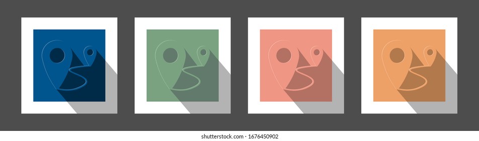 Ubicación geográfica, geo etiqueta simple estilo plano con gran sombra en el fondo. Para diseño, blogueo, textiles, tarjetas de felicitación, conceptos de marketing, entrega, taxi. Cuatro colores.