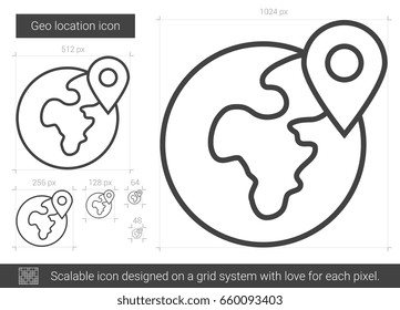 Geo location vector line icon isolated on white background. Geo location line icon for infographic, website or app. Scalable icon designed on a grid system.