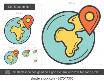 Geo location vector line icon isolated on white background. Geo location line icon for infographic, website or app. Scalable icon designed on a grid system.