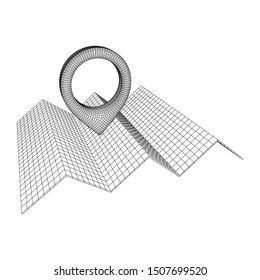 Geo map pin with folding map. Place symbol GPS pictogram. Wireframe low poly mesh vector illustration