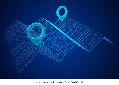 Geo map pin with folding map. Place symbol GPS pictogram. Wireframe low poly mesh vector illustration