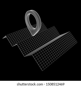Geo map pin with folding map. Place symbol GPS pictogram. Wireframe low poly mesh vector illustration