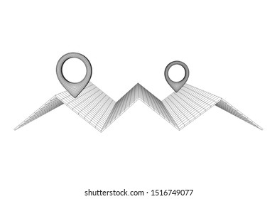 Geo map pin with folding map. Place symbol GPS pictogram. Wireframe low poly mesh vector illustration