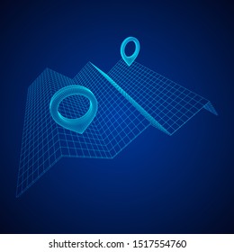Geo map pin with folding map. Place symbol GPS pictogram. Wireframe low poly mesh vector illustration
