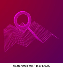 Geo map pin with folding map. Place symbol GPS pictogram. Wireframe low poly mesh vector illustration