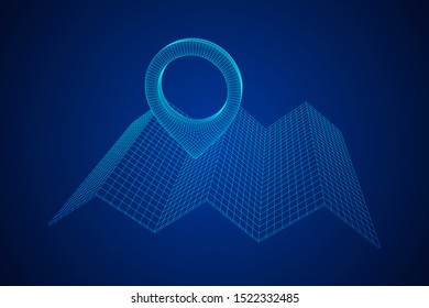 Geo map pin with folding map. Place symbol GPS pictogram. Wireframe low poly mesh vector illustration
