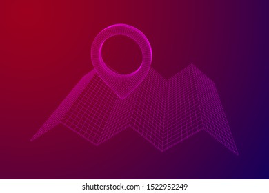 Geo map pin with folding map. Place symbol GPS pictogram. Wireframe low poly mesh vector illustration