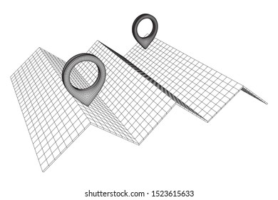 Geo map pin with folding map. Place symbol GPS pictogram. Wireframe low poly mesh vector illustration