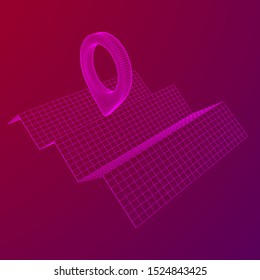 Geo map pin with folding map. Place symbol GPS pictogram. Wireframe low poly mesh vector illustration
