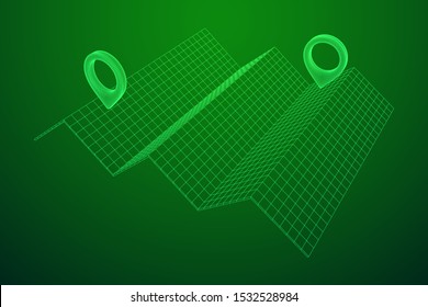 Geo map pin with folding map. Place symbol GPS pictogram. Wireframe low poly mesh vector illustration